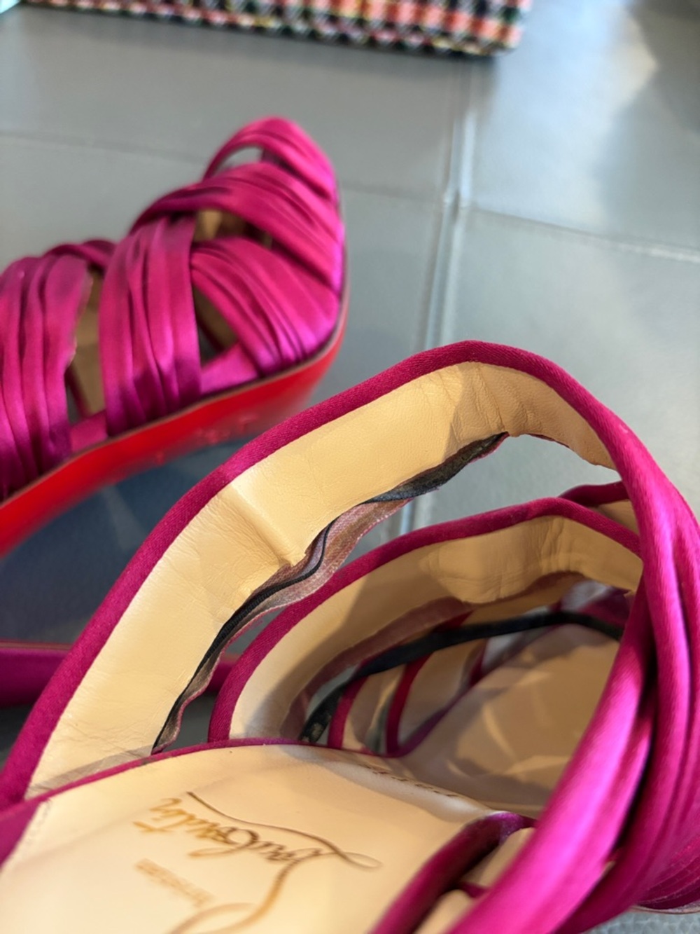 Christian Louboutin Magenta Satin Strappy Platform Heels - Picture 8 of 10